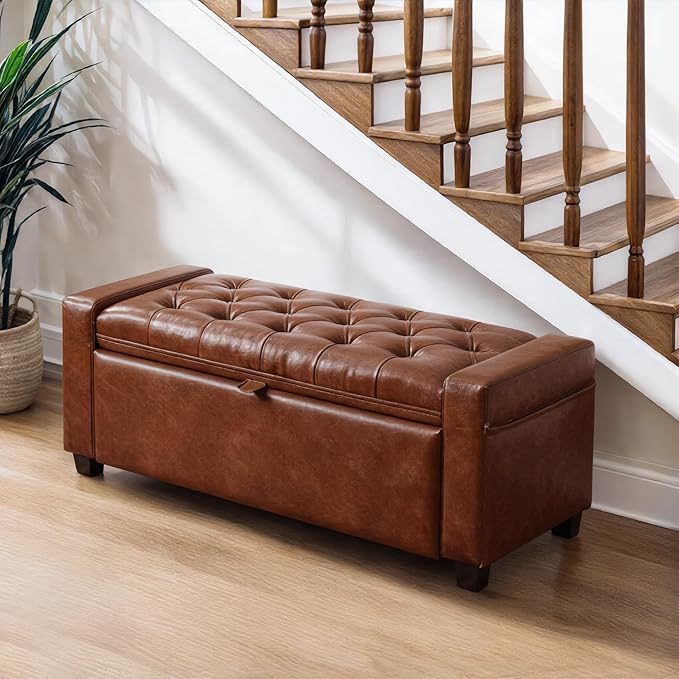 43.31'' Storage Ottoman Bench, Leather Upholstered Tufted Bedroom Bench with Storage, End of Bed Storage Bench for Living Room & Entryway, 350 lb Capacity, Leather Brown