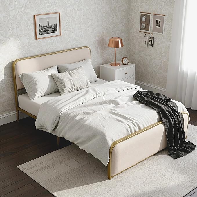 Merax Metal Platform Bed Queen Size with Curved Upholstered Headboard and Footboard, Queen Bed Frame with Storage Space Under Bed, Heavy Duty Metal Slats, No Box Spring Needed, Gold+Beige