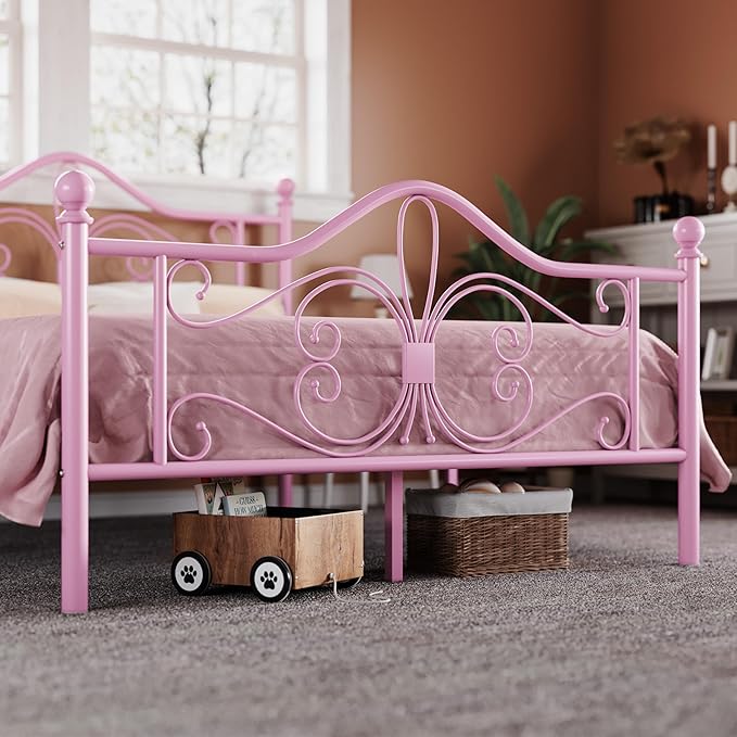 Allewie Full Size Bed Frame with Headboard,Metal Bed Frame with Butterfly Pattern Design Headboard & Footboard,No Box Spring Needed,Easy Assembly,Pink