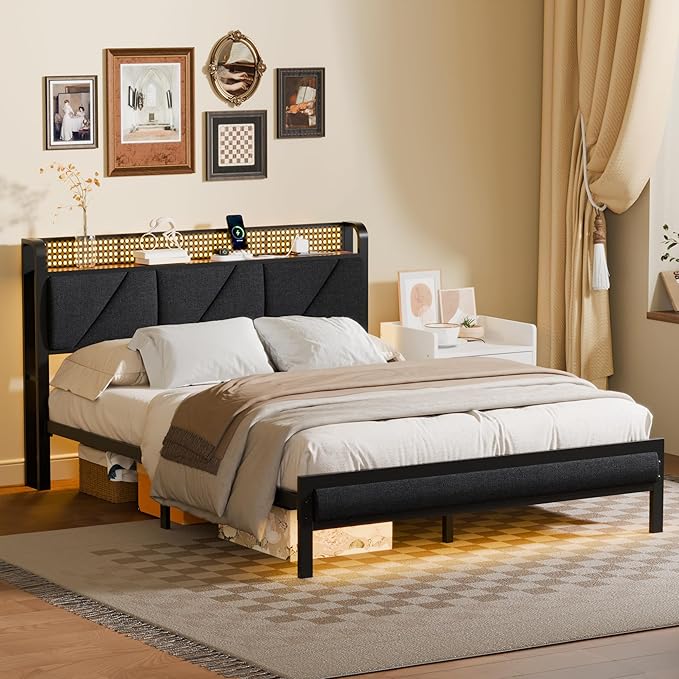 Furnulem Queen Bed Frame with Headboard and Storage Shelf, LED Light and Charging Station, Metal Platform Bed with Heavy Duty Slats, No Box Spring Needed, Noise Free & Easy Assembly