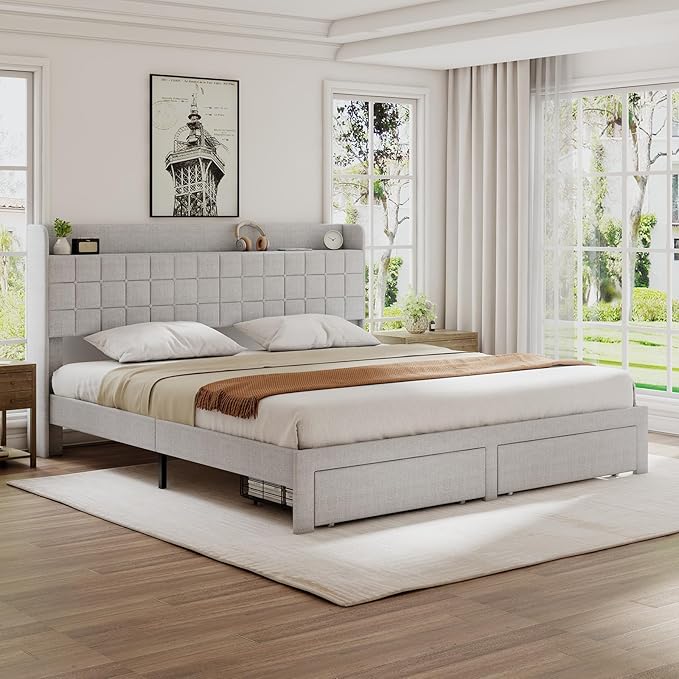 DUMOS King Size Upholstered Platform Bed Frame, King Bed with Storage Drawers and Fabric Headboard, Wooden Slats Support, 1323 lbs Weight Capacity, No Box Spring Needed, Easy Assembly, Beige