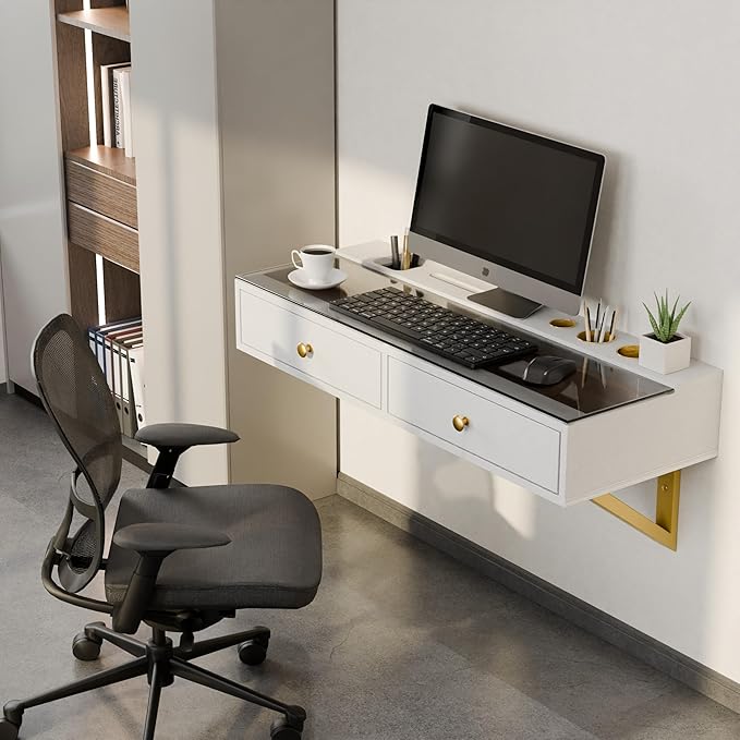 IEO 31.5" Floating Makeup Vanity Table Wall-Mounted Dressing Table with 2 Drawers Floating Desk Glass Top Wall for Small Space Bedroom,Warm White