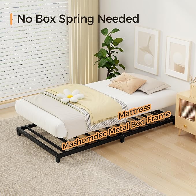 4 Inch Bed Frames Twin XL Size Low Profile Metal Platform Bed Frame Heavy Duty Steel Slat Support, No Box Spring Needed, Easy Assembly, Noise Free