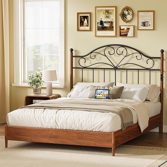 Merronix Queen Size Headboard with Charger Stations, Vintage Metal Headboard Only Farmhouse Retro Freestanding Black Wooden-Painting Headboard for Queen Bed Frame, Height Adjustable, Easy Assembly