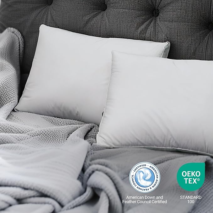 Hotel Grand Luxury Goose Feather & Down Fiber Pillows King Size Set of 2, Firm Support Gusseted Design, 100% Cotton Cover, No-Flat Fluffy Comfort for Side and Back Sleepers