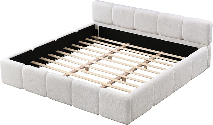 Merax California King Size Boucle Platform Bed with Thick Headboard and Footboard, Block Style Upholstery Floor Bed Frame, White