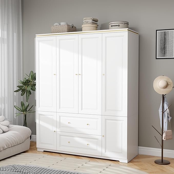 White Wardrobe with 2 Drawers: 74" Large Wardrobe Closet for Hanging Clothes, Tall Armoire Closet with 4 Doors, Bedroom Armoires with Hanging Rod (59")