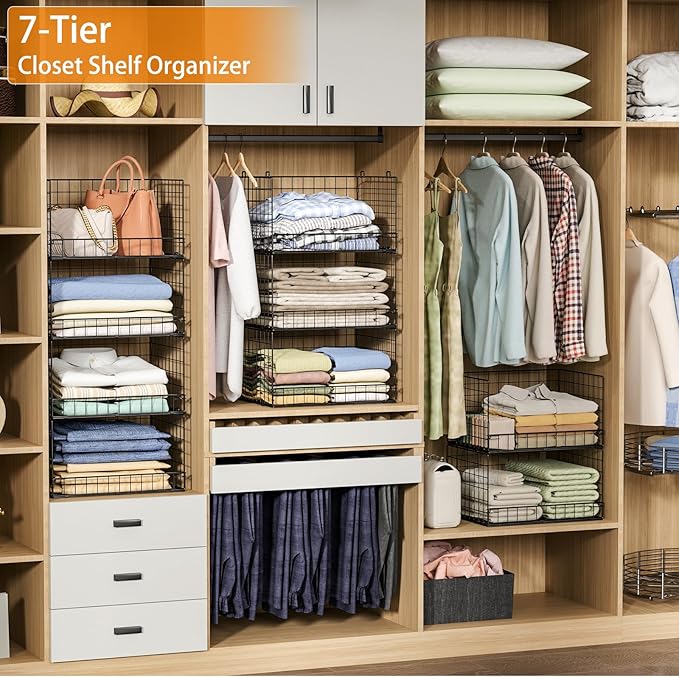 Yociyoga 7-Tier Stackable Closet Organizers and Storage Shelves, Foldable Closet Shelf Organizer System, Stackable Storage Bins Drawers for Closet Organizer System, Black(Patent No. 30022416)