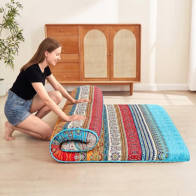 SCHNAUZER HOME Bohemian Japanese Floor Mattress, 3.5" Thicken Boho Floral Pattern Portable Futon Mattress, 100% High-Density Foam Tatami Mat Sleeping Pad for Camping Guest Room Dormitory RV, Twin
