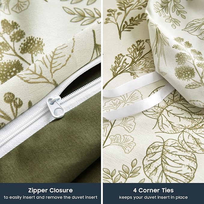 Wake In Cloud - Floral Duvet Cover Set, Botanical Vintage Flower Coquette Cottagecore Aesthetic for Women Teen Girls, Soft Lightweight Bedding, 3-Piece, Olive Green, Queen Size