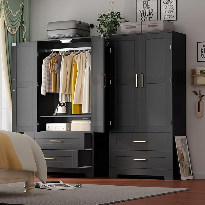 Wooden Armoire Wardrobe Closet with 2 Drawers, Bedroom Armoires with Door and Shelves, Freestanding Wardrobe Clothing Storage Cabinet with Hanging Rod for Bedroom, Laundry Room, Cloak Room(Black)