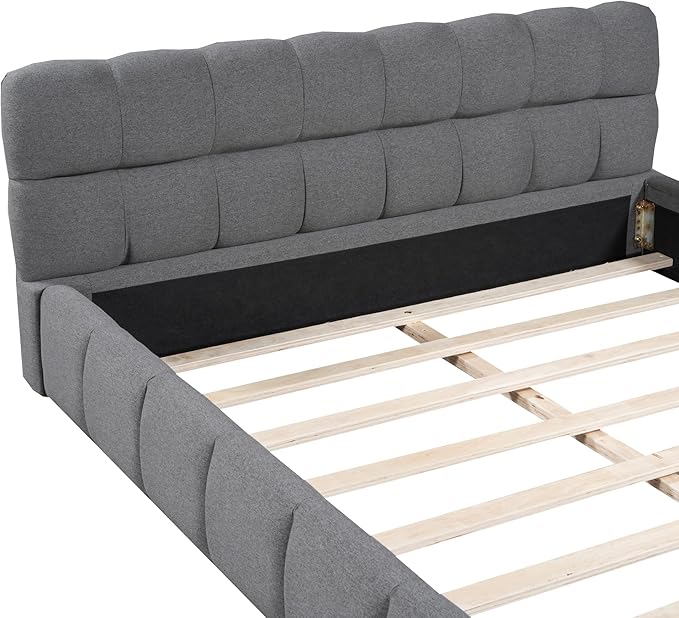 Merax Modern Tufted Platform Bed Queen Linen Floor Bed Frame with Headboard No Box Spring Needed Gray