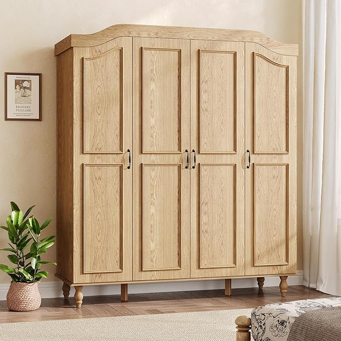 Arched Armoire Wardrobe Closet with 4 Doors, 71" H Wooden Large Capacity Wardrobe Cabinet with 2 Hanging Rods and 8 Shelves, Freestanding Armoire Storage Cabinet for Bedroom, Cloak Room, Natural