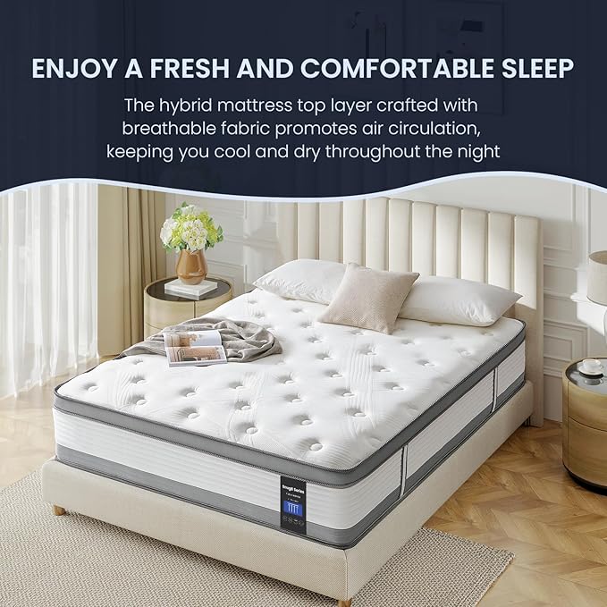 Coolvie Full Mattress 14 Inch Mattresses Full Size in A Box Hybrid Mattress Individual Pocket Springs Mattresses with Memory Foam Layer Provide Motion Isolation & Cool Sleep