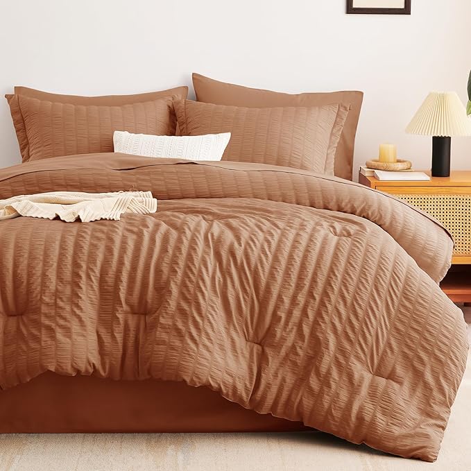 CozyLux Full Size Comforter Sets with Sheets 7 Pieces, Pumpkin Seersucker Bed in a Bag Textured Luxury Soft Bedding Set with Down Alternative Comforter, Sheets, Pillowcases & Shams for All Season