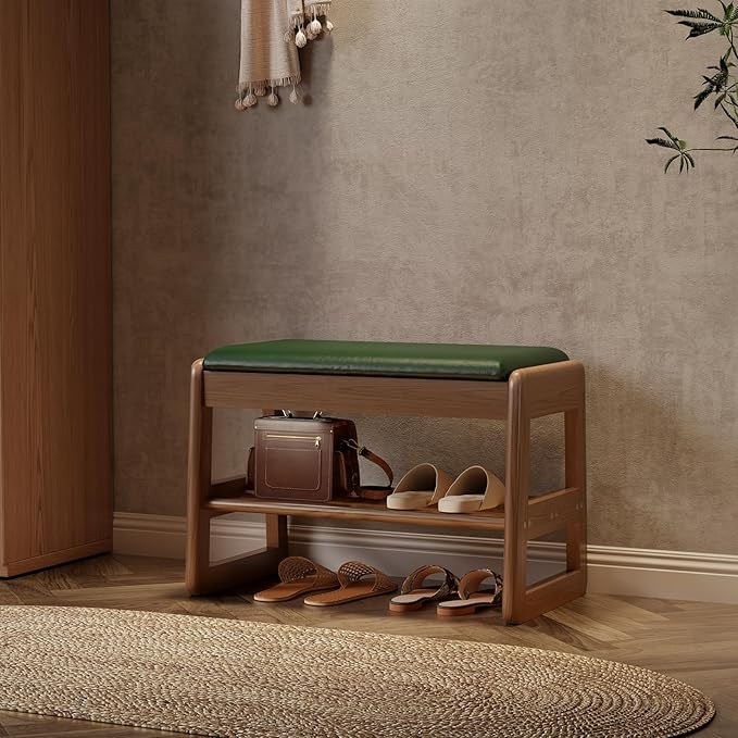 AQIMUELE Shoe Rack Bench,2 Tiers Shoe Bench with Storage with Flip-Top,Wood Shoe Rack for Entryway,Hallway(Green Upholstered Seat,11.8" D x 23.62" W x 15.7" H