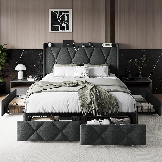 Einhomn Queen Bed Frame with 4 Storage Drawers and Charging Station, Upholstered Platform Bed Frame with Storage Headboard, No Box Spring Needed, Easy Assembly, Dark Grey