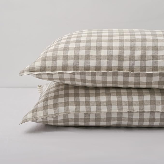 CHUFFED 100% French Linen Pillow Cases King Size Set of 2, Stone Washed Flax Pillow Covers with Zipper Closure - Breathable & Cooling for Hot Sleepers,20x36 Inches, Linen Plaid