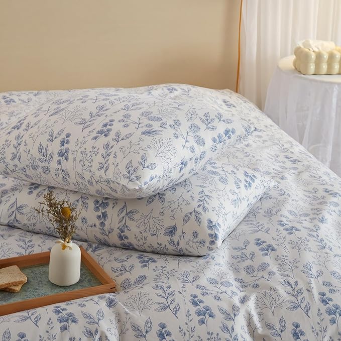 mixinni Small Floral Print Duvet Cover Queen Blue Flower Leaf Duvet Cover Set Soft Cotton White Bedding Comforter Cover Zipper Closure 4 Corner Ties for Him and Her-Queen Size