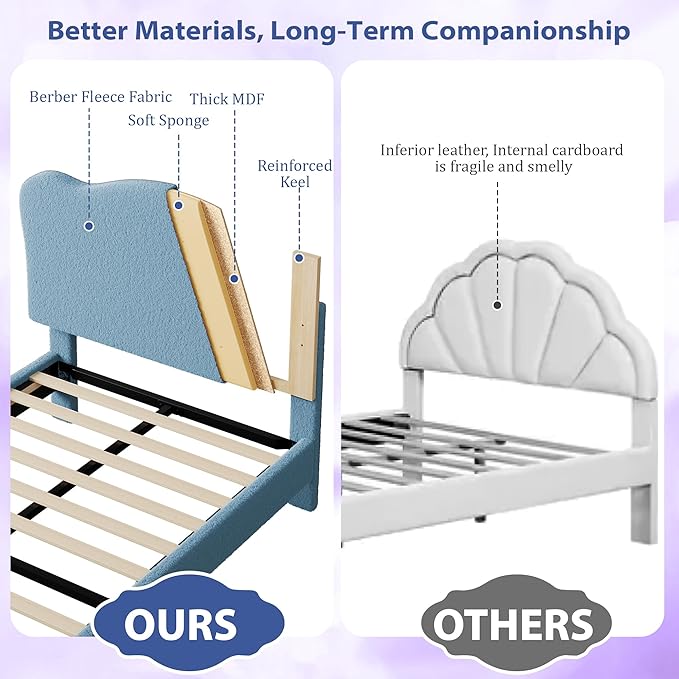 GarveeHome Upholstered Twin Size Bed Frame for Kids with Scallop Headboard, Cute Velvet Twin Bed for Girls, Boys, Sturdy Platform Bed, No Box Spring Needed, Wooden Slats, Noise Free, Dark Blue