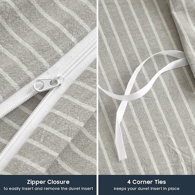 Wake In Cloud - Striped Cotton Duvet Cover Set, 100% Washed Cotton Textured Percale Bedding Set, Ticking Stripe Pinstripe Farmhouse, 3 Pieces, Light Grey, Twin Size