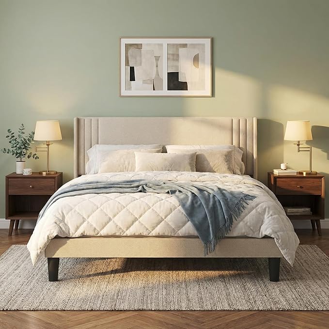 Gizoon Full Bed Frame with Wingback Headboard, Upholstered Platform Bed with Modern Geometric Headboard, Wooden Slats, Noise-Free, No Box Spring Needed