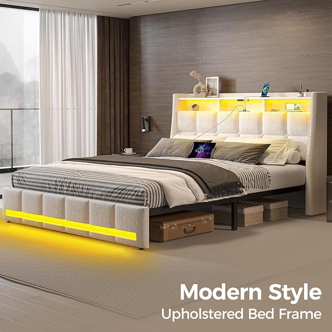 Rolanstar Queen Size Bed Frame with LED Lights and Charging Station, Upholstered Headboard with 2-Tier Storage Shelves, Heavy Duty Metal Frame, Noise-Free Support, Easy Assembly, No Box Spring Needed