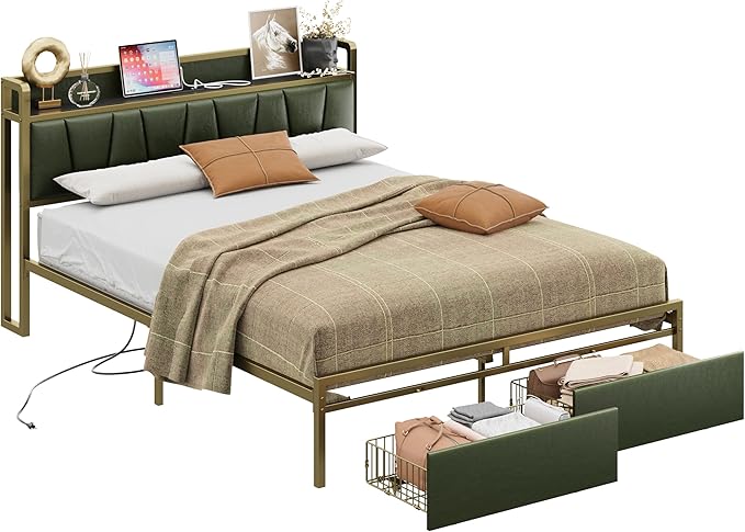 LIKIMIO Queen Bed Frame, Storage Headboard with Charging Station, Platform Bed with Drawers, No Box Spring Needed, Easy Assembly, Dark Green