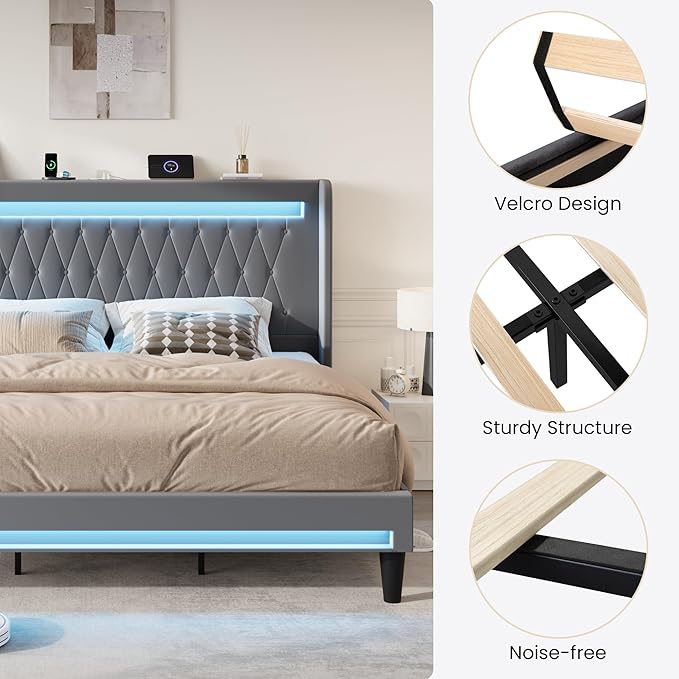SHA CERLIN King Size LED Bed Frame with Charging Station, Velvet Upholstered Platform Bed with High Wingback Headboard, No Box Spring Needed, Easy Assembly, Grey