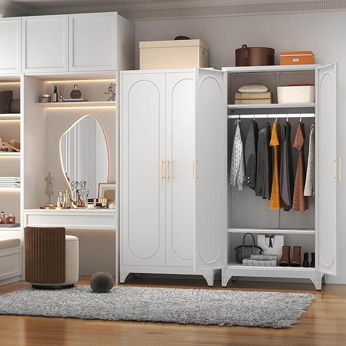 Polup Metal Wardrobe Cabinet for Hanging Clothes, 71" Tall Armoire Wardrobe Closet with Hanging Rod, White Clothing Storage Cabinet with Doors and Shelves, Large Closet for Bedroom-Assemble Required