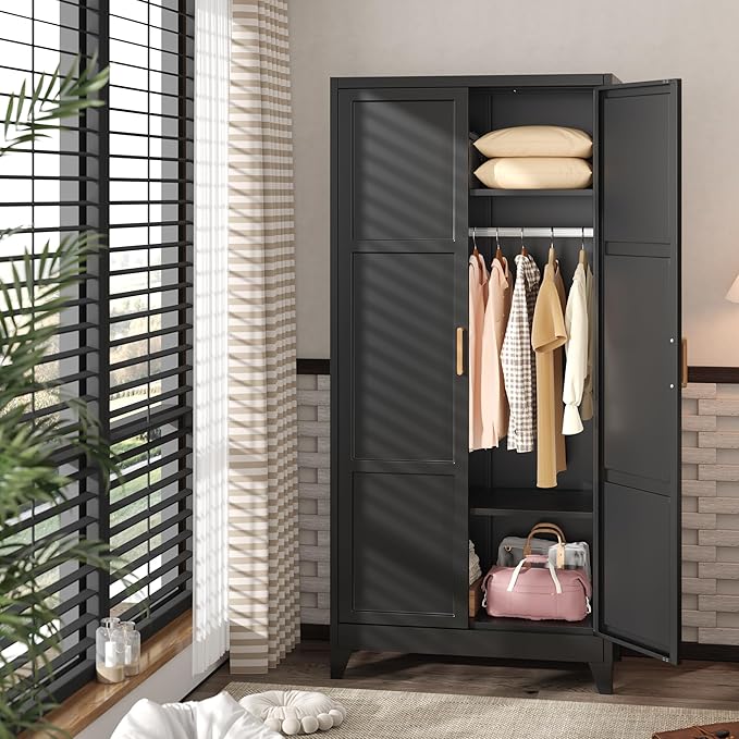 INTERGREAT 71” H Metal Wardrobe Cabinets with 2 Doors, Large Clothing Storage Cabinets with Hanging Rod and Adjustable Shelves, Closet for Home Living/Laundry Room/Department (Black)