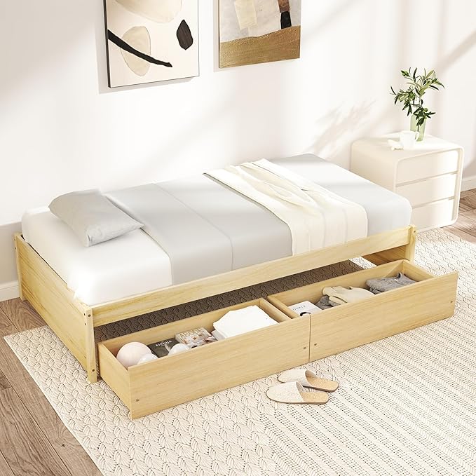 Giantex Twin Size Platform Bed Frame with 2 Storage Drawers, Solid Wood Bedframe Daybed, Wooden Slats Support Mattress Foundation, No Box Spring Needed, Twin Bed Frames for Kids Teens Adults