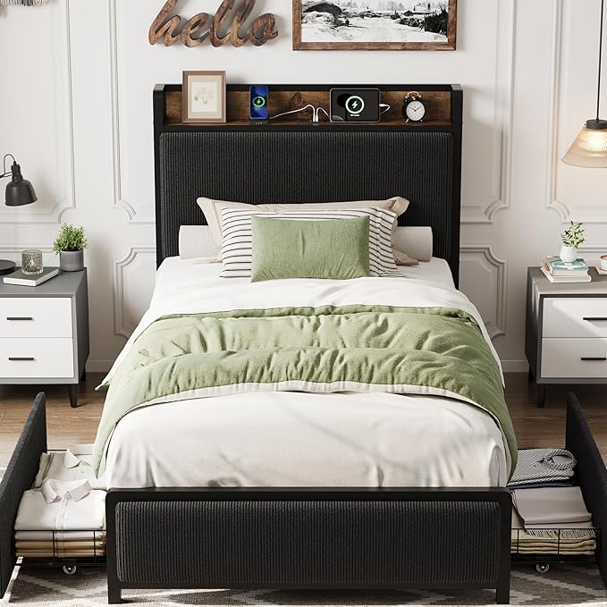 GAOMON Twin Size Bed Frame with 2 Storage Drawers and Charging Station, Rustic Velvet Upholstered Platform Bedframe with Storage Headboard, No Box Spring Needed, Easy Assembly, Noise Free, Black