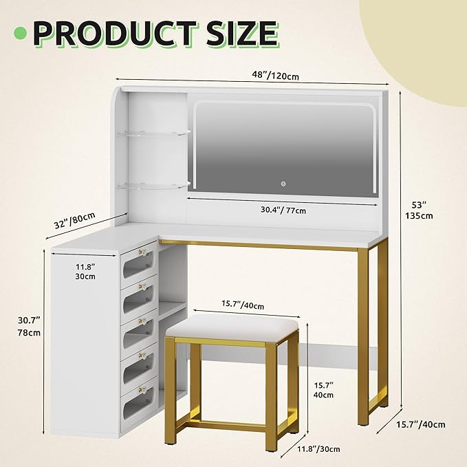 DWVO Vanity Desk with LED Lighted Mirror and 3 Lighting Modes, L-Shaped Corner Vanity Table, 48" Large Dressing Table with 5 Tempered Glass Drawers with Open Storage Shelves, White