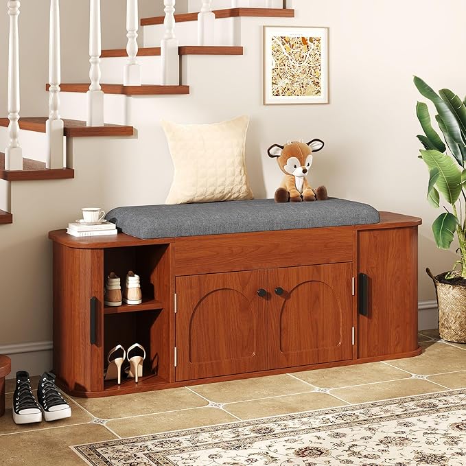 Einhomn 47.2'' Sliding Door Entryway Shoe Storage Bench with Seat Cushion, Shoe Rack with Lift-Top Hidden Storage & Adjustable Shelf, Bench for Bedroom End of Bed, Walnut