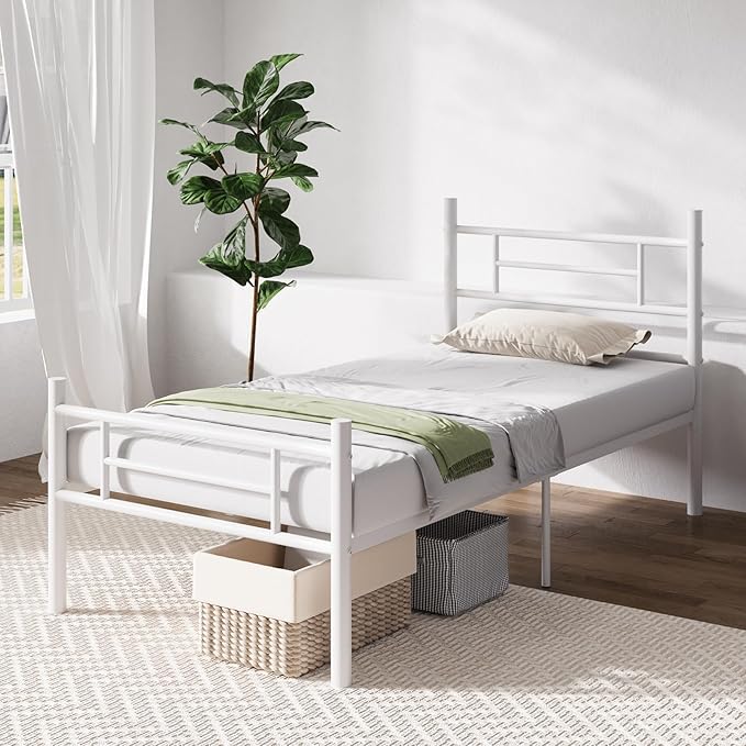 Novilla Twin Bed Frame with Headboard and Footboard, 14 Inch Metal Platform Bed Frame with Under Bed Storage, No Box Spring Needed, Strong Metal Slats Support, White