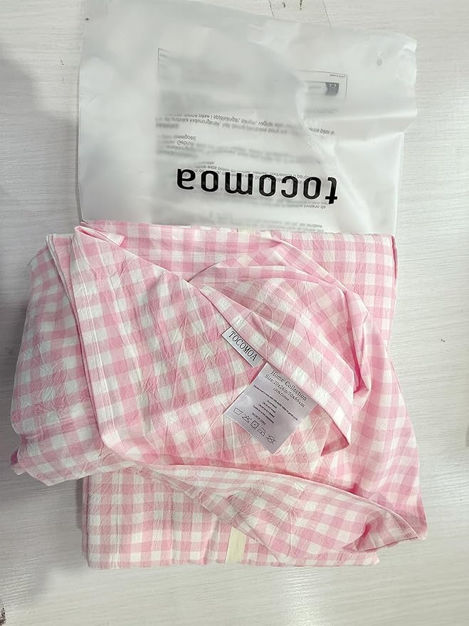 TOCOMOA Pink Gingham Duvet Cover Bedding Set 100% Washed Cotton Like Linen Feel Super Soft Comfortable 3 Piece Cute Plaid Checkered Comforter Cover Set (Queen 90"x90", Comforter Not Included)