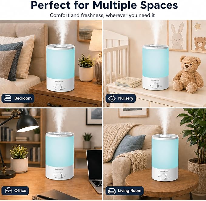MEGAWISE 3.5L Cool Mist Humidifier with Top Refill, Large Capacity of 3.5L, Easy Safe and Convenient for Home + 7 Night light Colors