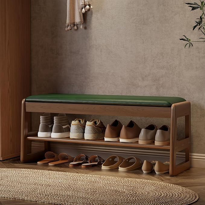 AQIMUELE Shoe Rack Bench,2 Tiers Shoe Bench with Storage with Flip-Top,Wood Shoe Rack for Entryway,Hallway(Green Upholstered Seat,11.8" D x 39.3" W x 15.7" H)