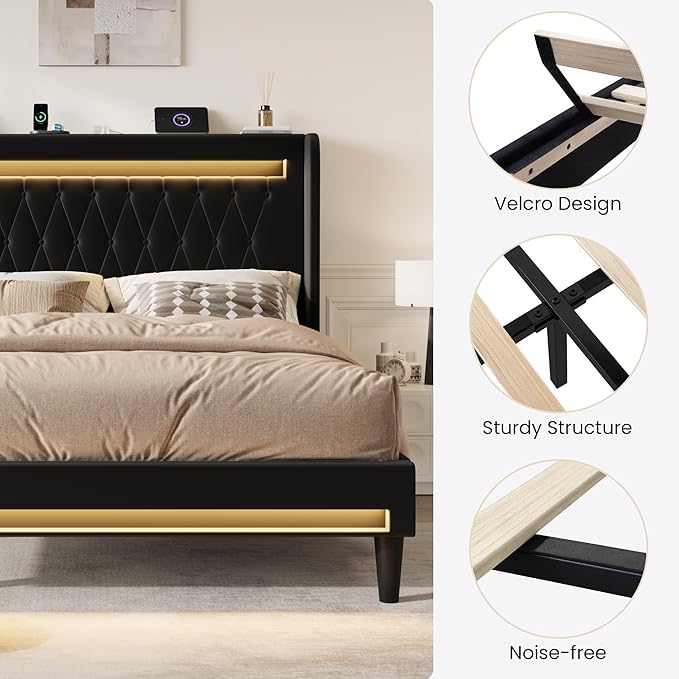 SHA CERLIN Queen Size LED Bed Frame with Charging Station, Velvet Upholstered Platform Bed with High Wingback Headboard, No Box Spring Needed, Easy Assembly, Black