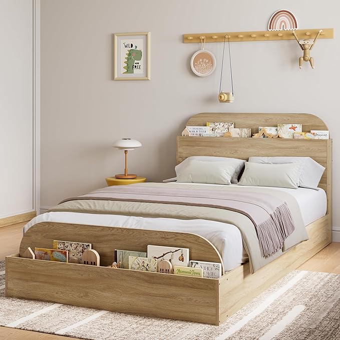 GarveeHome Twin XL Size Bed Frame, Wooden Beds with Storage Headboard and Raised-Foodboard, Twin XL-Floor Low Platform Bed for Bedroom, Sturdy Wooden Slats Support, No Box Spring Needed, Natural