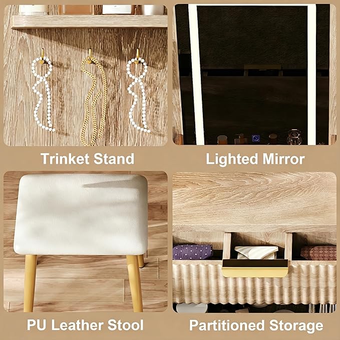 Casaphoria Vanity Desk with LED Mirror & 7 Drawers, Fluted Yellow Brown Dressing Table with Stool for Bedroom Makeup & Jewelry Storage