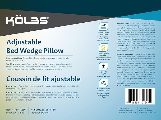 Kolbs Bed Wedge Pillow for Sleep Apnea, FSA Eligible Acid Reflux, and Back Pain Relief, with Chic Jacquard Cover - Headboard Wedges for Sleeping (Adjustable Height Wedge)