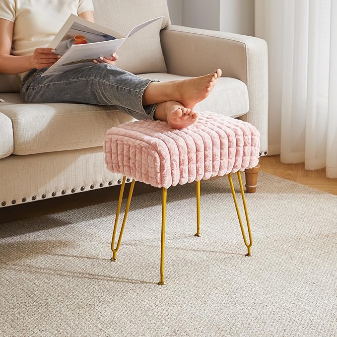 IBUYKE Rectangular Footrest Stool Ottoman, Makeup Vanity Stool Side Table, Velvet Dressing Table Seat, Footstool Chair, Golden Steel Legs, for Makeup Room, Bedroom, Square Grid Pattern, Pink WBD003P