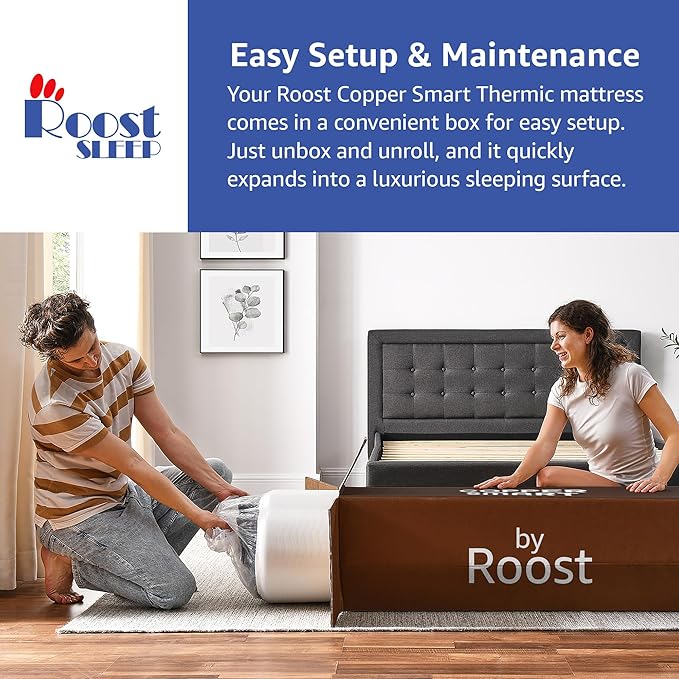 ROOST SLEEP 14-Inch Twin XL Mattress, Copper Smart Thermic Gel Cooling for Hot Sleepers & Back Pain Relief, Medium Firm Hybrid, Made in USA, CertiPUR-US Certified, Bed in a Box
