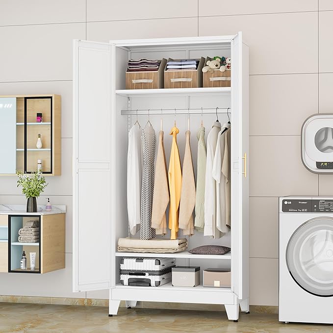 GAIOUS Metal Wardrobe Cabinet with Hanging Rod, 71" Metal Clothing Storage Cabinets with 2 Doors and Adjustable Shelves, White Armoire Wardrobe Closet for Bedroom, Laundry Room, Cloak Room
