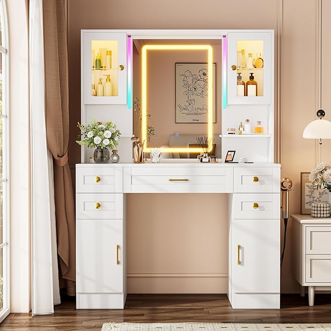 KAMABOKO White Makeup Vanity Desk with Mirror and Lights, Large Vanity Table Set with Charging Station, Dressing Table with RGB Cabinets for Bedroom Dressing Room