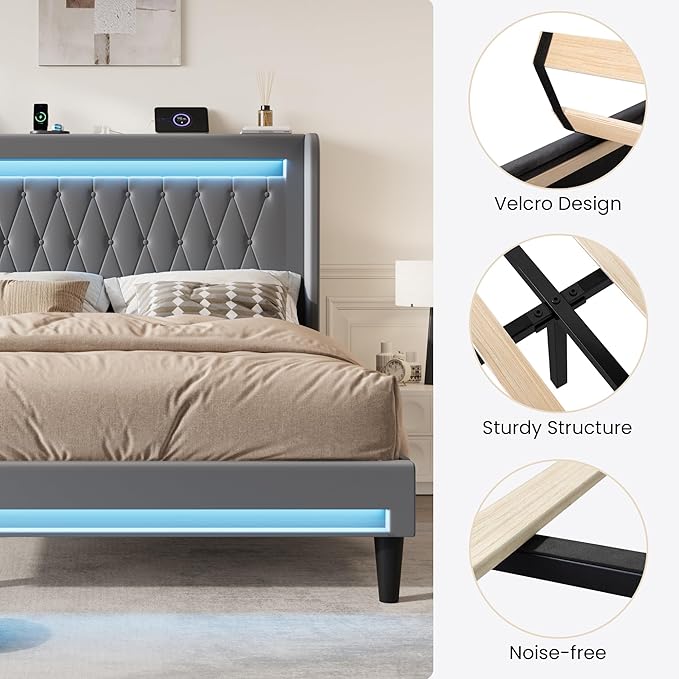 SHA CERLIN Queen Size LED Bed Frame with Charging Station, Velvet Upholstered Platform Bed with High Wingback Headboard, No Box Spring Needed, Easy Assembly, Grey