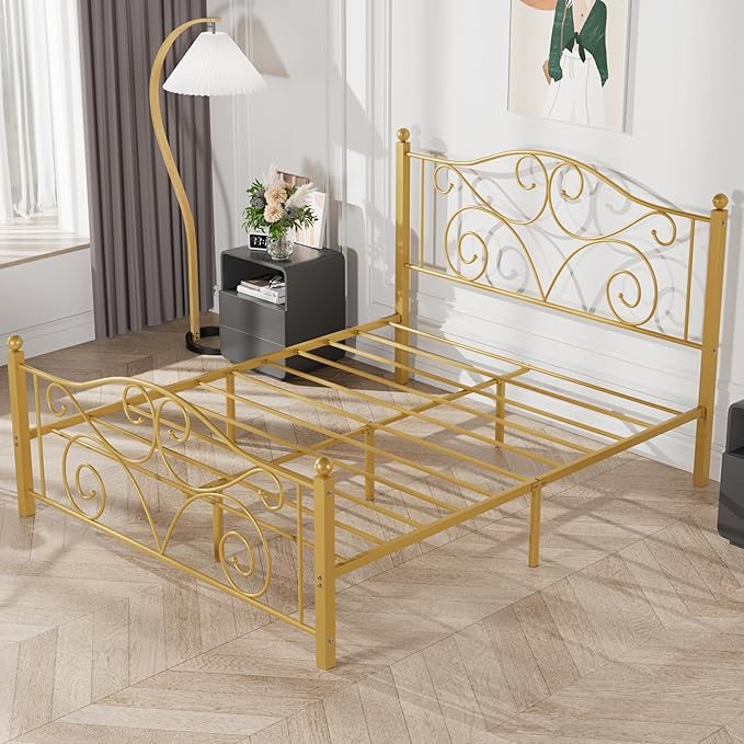 VECELO Full Size Bed Frame with Headboard and Footboard, Heavy Duty Metal Slat Support, Platform Mattress Foundation, No Box Spring Needed, Easy Assembly, Gold