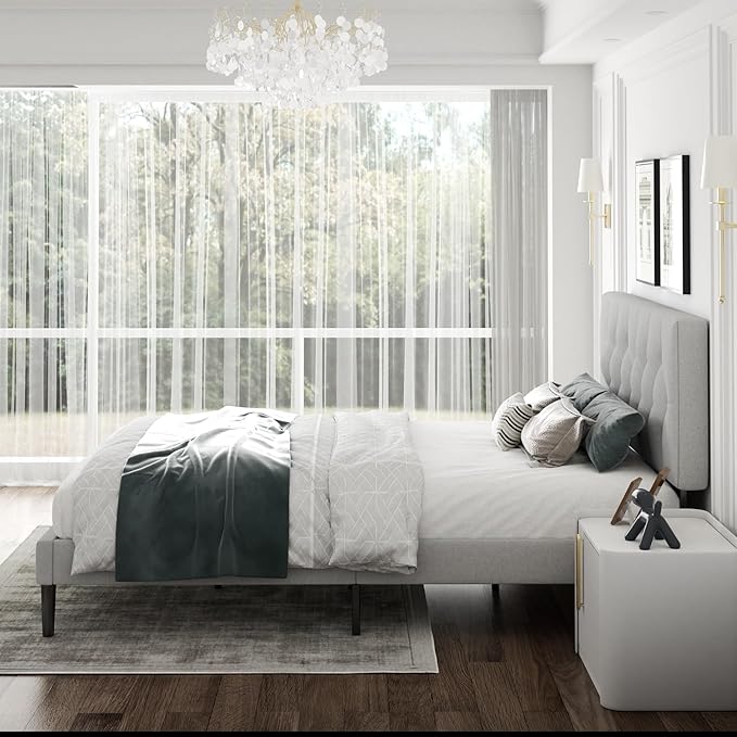 CXVX Queen Size Platform Bed Frame with Upholstered Headboard, Button Tufted Design, Strong Wooden Slats, No Box Spring Needed, Easy Assembly, Noise Free